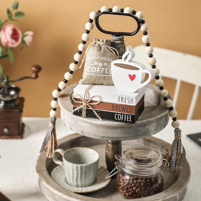 Coffee Bars Decor, 6 PCS Coffee Bar Decorations,Mini Wooden Book Stacks with Bead Garland, Coffees Bar Accessories for Tiered Tray,Table,Shelf,Rustic Farmhouse Home Decor