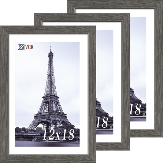 VCK 12x18 Frame Set of 3, Gray Solid Wood Poster Picture Frame, Exclusive Wood Grain, Wall Gallery Frame