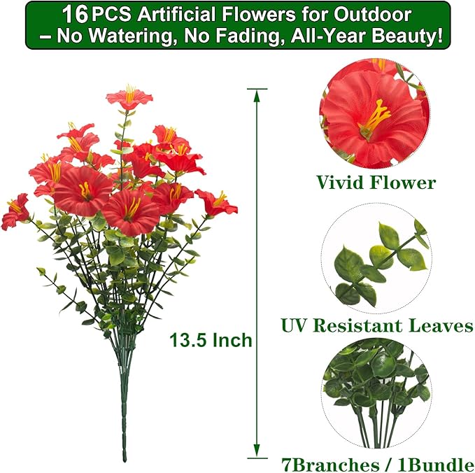 Grunyia 16PCS UV Resistant Artificial Morning Glory Flowers with Eucalyptus - Red Faux Silk Plastic Fake Plants for Outdoor Indoor Garden Porch Planter Window Box Wedding Home Decor