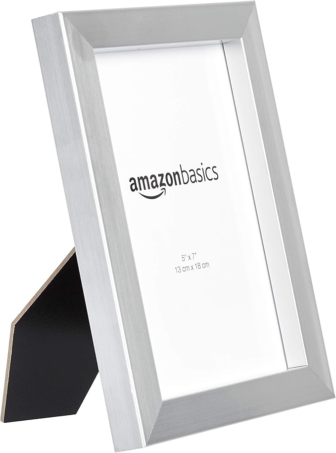 Amazon Basics Rectangular Photo Picture Frame Set, 5" x 7", Wall Hanging or Tabletop Display, Real Glass, Nickel, 2-Pack