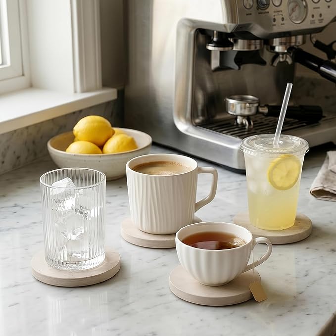 Natural Marble Coasters Set of 4-4" Round Stone Drink Coasters, Non-Slip Cork Backing, Housewarming Gift, Wedding, Protect Tables from Stains & Scratches Cream Grey (WH117)