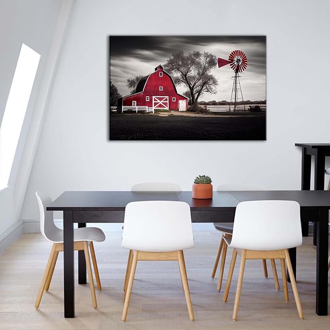 Large Barn Picture Wall Decor Rural Country Red Windmills Canvas Wall Art for Living Room Retro Farmhouse Black and White Cabin Painting Rustic Western Scenery Posters Bedroom Home Decorations 32x48"