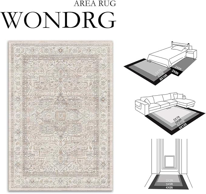 2x6 Washable Vintage Runner Rug Beige Oriental Hallway Kitchen Throw Rug Neutral Non Slip Soft Low Pile Carpet for Bathroom Laundry Bedroom Living Room
