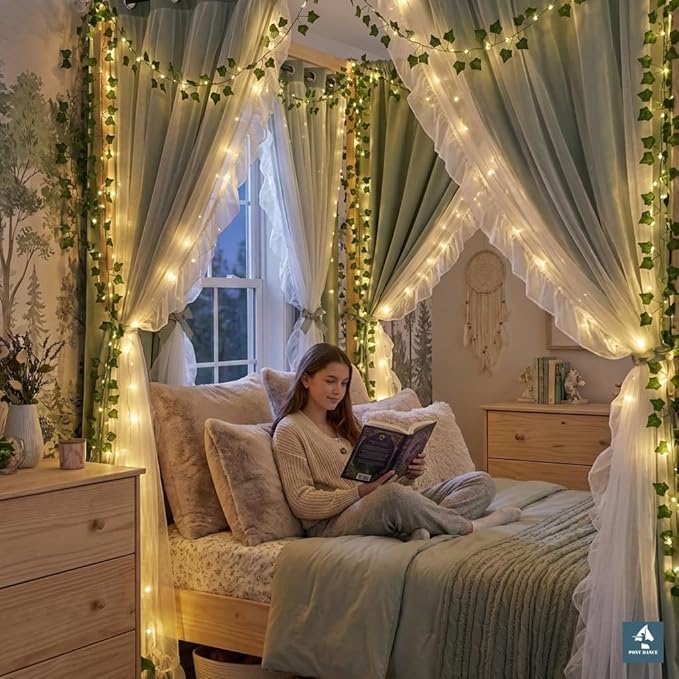 PONY DANCE Blackout Curtains for Whimsical Forest Teen Room, Double Layer Drapes Ruffle Sheer Overlay Farmhouse Rustic Design, W 52 x L 84 Inches, Sage Green, 2 Panels