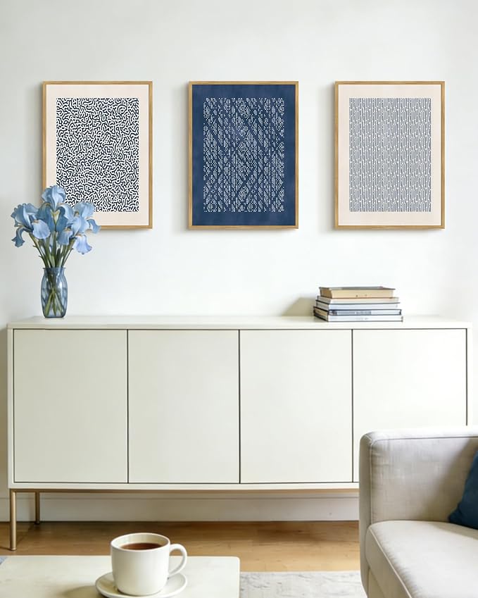 PHOPAGO Neutral Abstract Framed Wall Art Bohemain Blue Mid-Century Wall Decor Modern Blue Mid-Century Geometric Art Paints for Kitchen Dining Room - 11x14in Natural Framed