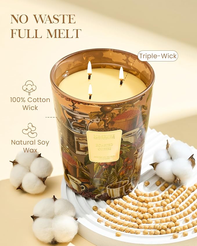 M&SENSE Roasted Coffee Soy Candle, 35oz 3-Wick, Coffee Lovers Latte Gifts | 150H Slow Burn, Non-Toxic, Large Jar, Cozy Kitchen Office Focus Home Fragrance, Stress Relief, Relaxation Housewwarming Gifts