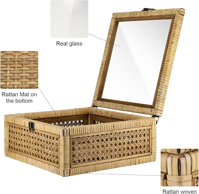 HUAXIN CRAFT H Rattan Square Box with Lid - Set of 2 Wicker Decorative Storage with Glass Cover for Display