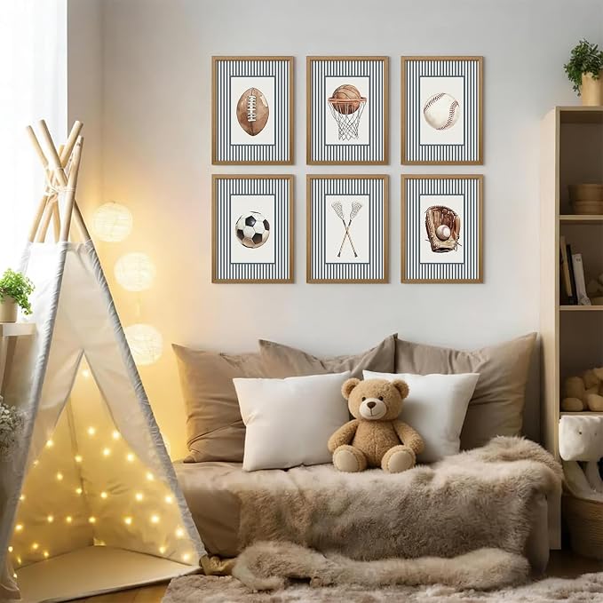 Sports Wall Art Decor Toddler Boys Room Canvas Prints Vintage Sports Nursery Wall Decor Baby Kids Poster Football Baseball Pictures Basketball Soccer Artwork for Children Bedroom 12x16x6 Inch Framed