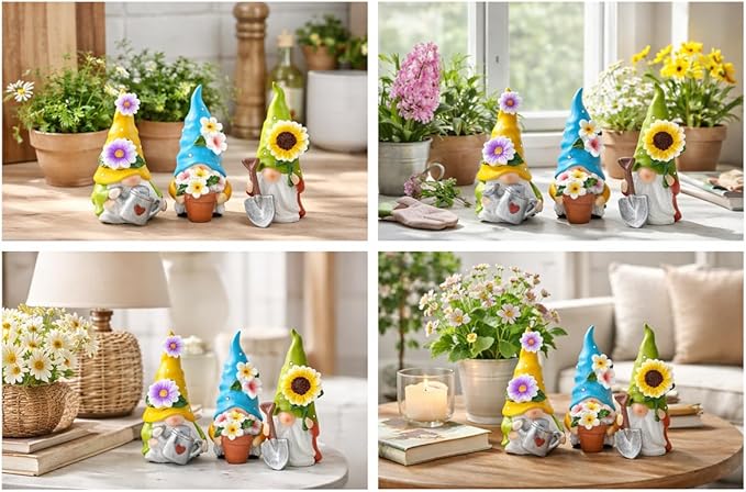 Hodao Spring Decorations for Home - Colorful Garden Gnomes Figurines with Flowers & Tools – Spring Summer Indoor Decor for Table, Lawn, Window Sill – Gift for Garden Lovers