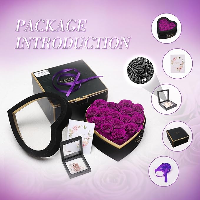 Casaido Preserved Roses Flowers for Delivery 16 Pcs, Mothers Day Rose Gifts for Her, Forever Flores in Heart Box with Necklace, Anniversary Birthday Christmas Vanlentines Gift for Wife Mom, Purple