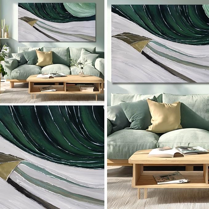 MLART99 Large Abstract Wave Painting Green and White Modern Canvas Wall Art Painted Line Texture for Bedroom Living Room Home Decor 29x58 Inch