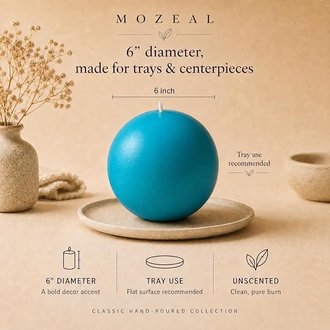 MOZEAL Hand-Poured, 6 Inch Turquoise Large Round Ball Candles - Elegant Turquoise Round Pillar Candles, Dripless, Unscented, Smokeless, Ideal for Summer Parties.