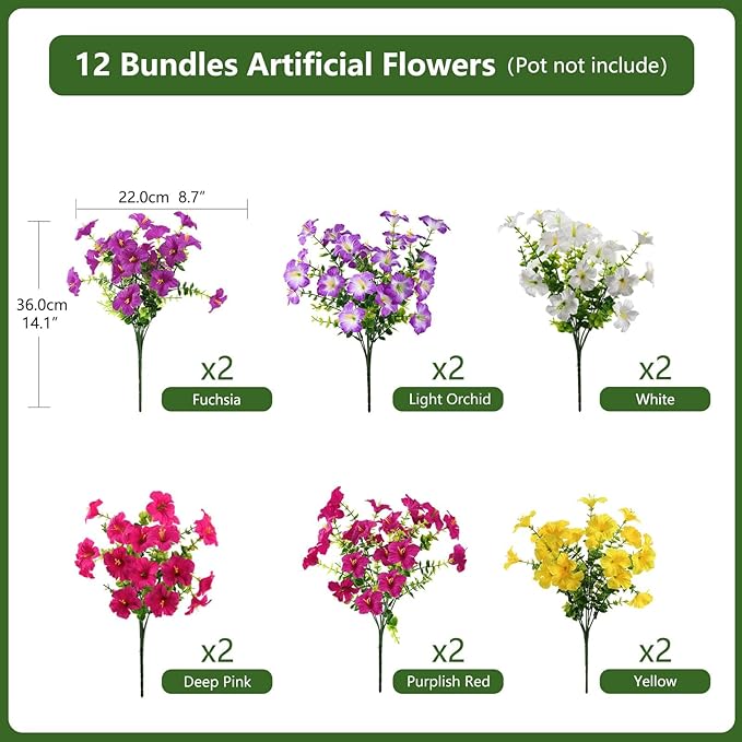 INQCMY Artificial Flowers for Outdoors Fake Plants Spring Summer Decoration, 12 Bundles Faux Petunias UV Resistant No Fade Realistic Silk Flower for Outside Planters Patio Porch Yard Window Box