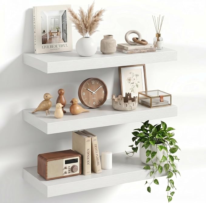 20" Floating Shelves for Wall, Set of 3, 8" Deep, 1.5" Thick, White | Rustic Wood Wall Shelves with Invisible Brackets, Storage and Display for Bathroom, Bedroom, Living Room or Kitchen