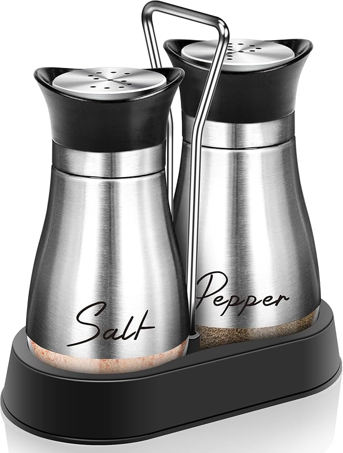 Salt and Pepper Shakers Set with Holder,4 oz Stainless Steel Salt Shaker with Glass Bottom Kitchen Gadgets for Counter Modern Decor Table,RV,Camp,BBQ Refillable Design (Silver)