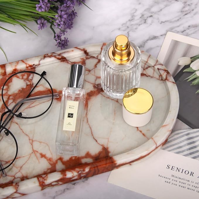 Oval Marble Bathroom Vanity Tray, Natural Luxury Marble Home Kitchen Bathroom Table Tray, Stone Decorative Countertop Tray for Coffee Perfume Jewelry (Calacatta Red, 12" x 6" x 0.8")