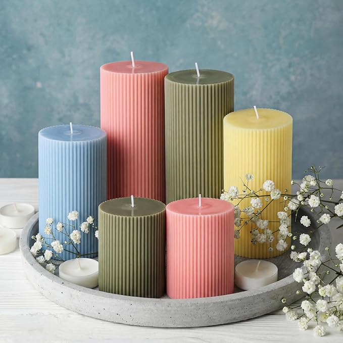 Lyrow 6 Pcs Ribbed Pillar Home Decorative Candles Aesthetic Modern Home Decor Soy Wax Unscented Pillar Candles Width 3" High 4" 6" 8" for Bathroom Living Room Wedding Dinner Party(Pastel Color)