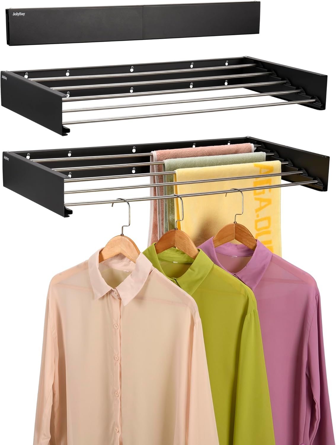 Wall Mounted Laundry Drying Rack, Retractable Clothes Drying Rack for Bathroom with Wall Template, 5 Stainless Rods Heaving 60 lb Capacity (Black, 31.5")