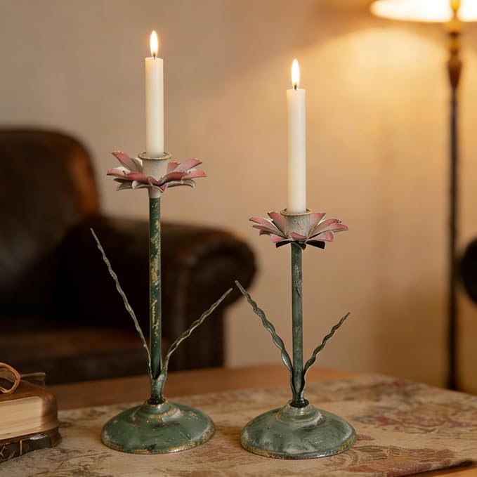 Vintage Lotus Flower Taper Candle Holders Set of 2, Distressed Green Metal Candlestick Stands with Pink Floral Design, Rustic Farmhouse Tabletop Centerpiece for Wedding, Dining & Home Decor