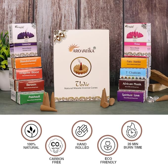 ARO VATIKA Vedic Natural Masala Incense Cones 120 Count in Pack of 12 Boxes | 12 Assorted Fragrances Dhoop Cones | Best for Prayer, Reiki, Meditation and Relaxation | Burn Time 25 Mins