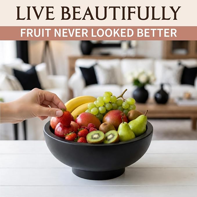Concrete Fruit Bowl – Large Decorative Pedestal Bowl for Kitchen Counter, Entryway, or Coffee Table – Modern Catch – All Key Bowl – Heavyweight Centerpiece for Home Decor (Black)