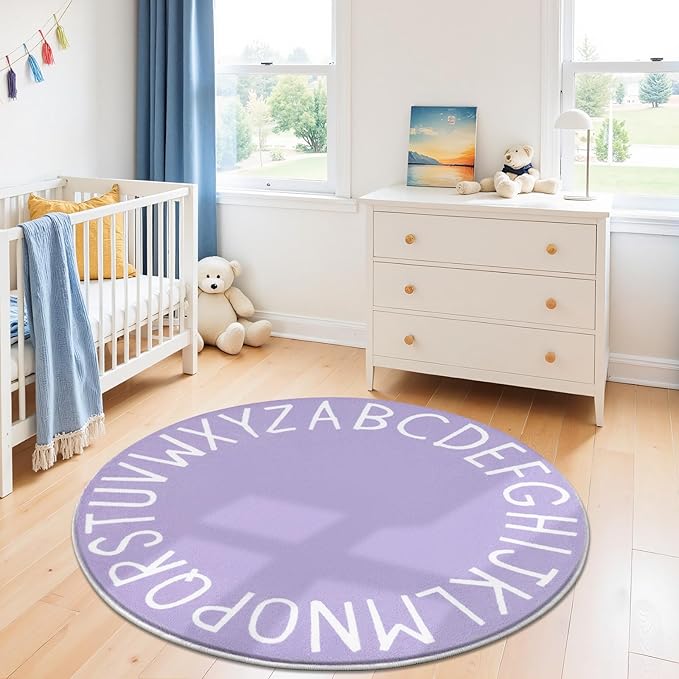 Topotdor Round Kids Play Rug Alphabet Nursery Area Rug Extra Large Soft Crawling Play Mat for Children Toddlers Bedroom (47 inch, Purple)