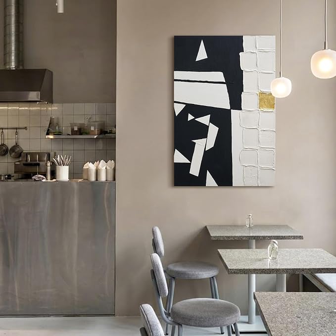Modern Black & White Abstract 3D Textured Canvas Wall Art with Gold Leaf | Minimalist Geometric Hand-Painted Oil Painting Artwork, Large Original Wall Decor for Living Room Bedroom Office 24x36 Inch