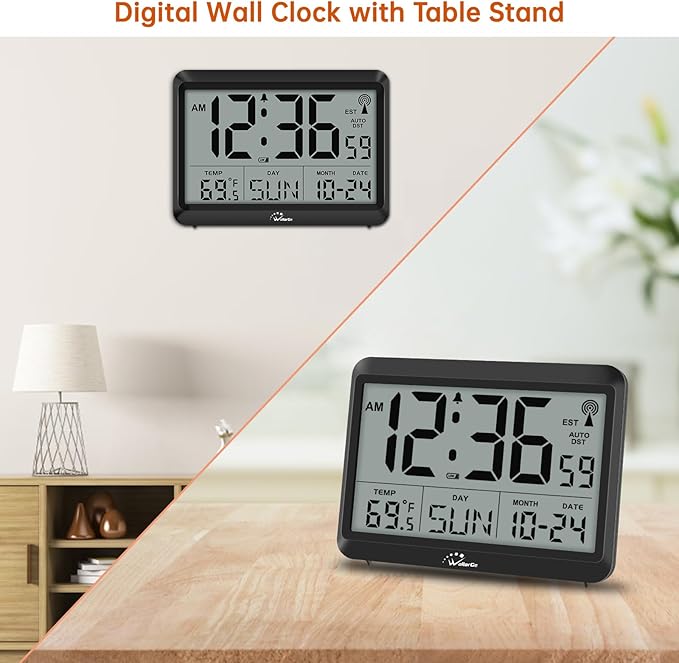 WallarGe Atomic Digital Wall Clock Battery Operated, Self-Setting, Large Display with Temperature, Date, Day of The Week, Silent Wall Mount Digital Clock, 4 Time Zones, DST