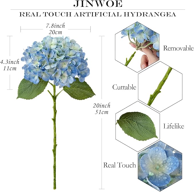 JINWOE Blue Faux Hydrangea Flowers for Decoration,4Pcs 20" Real Touch Lifelike Faux Flowers, Full Fake Artificial Hydrangeas with Stems for Bouquet Table Centerpieces Spring Home Decoration