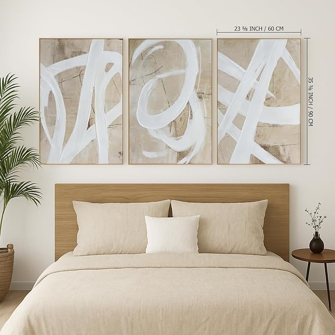 Zessonic Neutral Abstract Wall Art Minimalist White Brown Pastel Paint Strokes Shapes Textured Framed Wall Decor Large Canvas Paintings- Living Room Bedroom Office Modern Neutral 24"x36" 3 piece