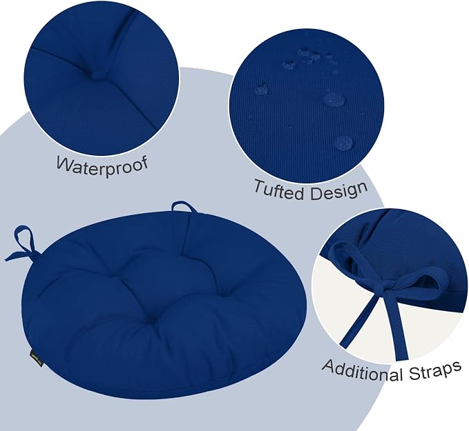 idee-home Outdoor Bistro Chair Cushions Set of 2, Round Seat Cushions | 15”x15”x 4” Thick Outdoor Round Seat Pads Tufted with Ties, Waterproof Patio Furniture Pads for Garden