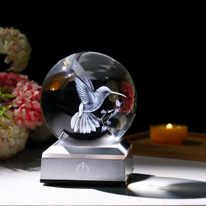 Crystal Ball 3D Engraved Hummingbird with LED Colorful Base, 3.15" Glass Sphere Ideas for Friends Home Decor Display, Hummingbird Gifts for Men Women on Birthday Christmas