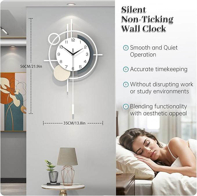 Decorative Wall Clock Silent Battery Operated Large Modern Wall Clock for Living Room Decor White Pendulum Clock for Bedroom, Office, Kitchen, Dining Room, Farmhouse, Indoor
