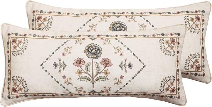 ISAENNE Designer Linen Throw Pillow Cover,Set of 2,28"x12"-Cornucopia B | Elegant French Rectangle Pillow Cover,Concealed Zipper Design,Floral Pattern,Sofas,Bedroom,Living Room,Lounge Chairs