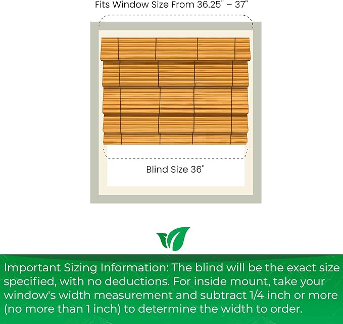 CALYX INTERIORS Cordless Bamboo Roman Shade Blind, Light Filtering, 36" W x 48" H, Ceylon Chestnut