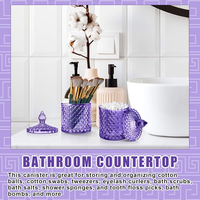 Aoriher 4 Pcs Crystal Glass Candy Jar Set with Lids Home Decorative Storage Jars for Apothecary, Bathroom, Kitchen, and Pantry, Ideal for Cotton Swabs and Jewelry(Medium,Light Purple)