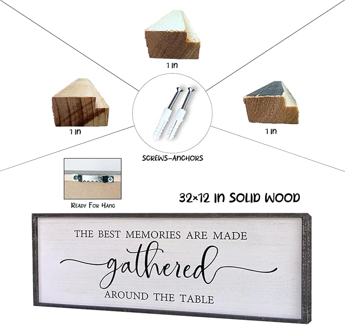 The Best Memories Are Made Gathered Around The Table Wall Decor 32"x12" Large Rustic Farmhouse Dining Room Wood Framed Modren Signs Kitchen Home Simple Hanging Wall Art (Black)