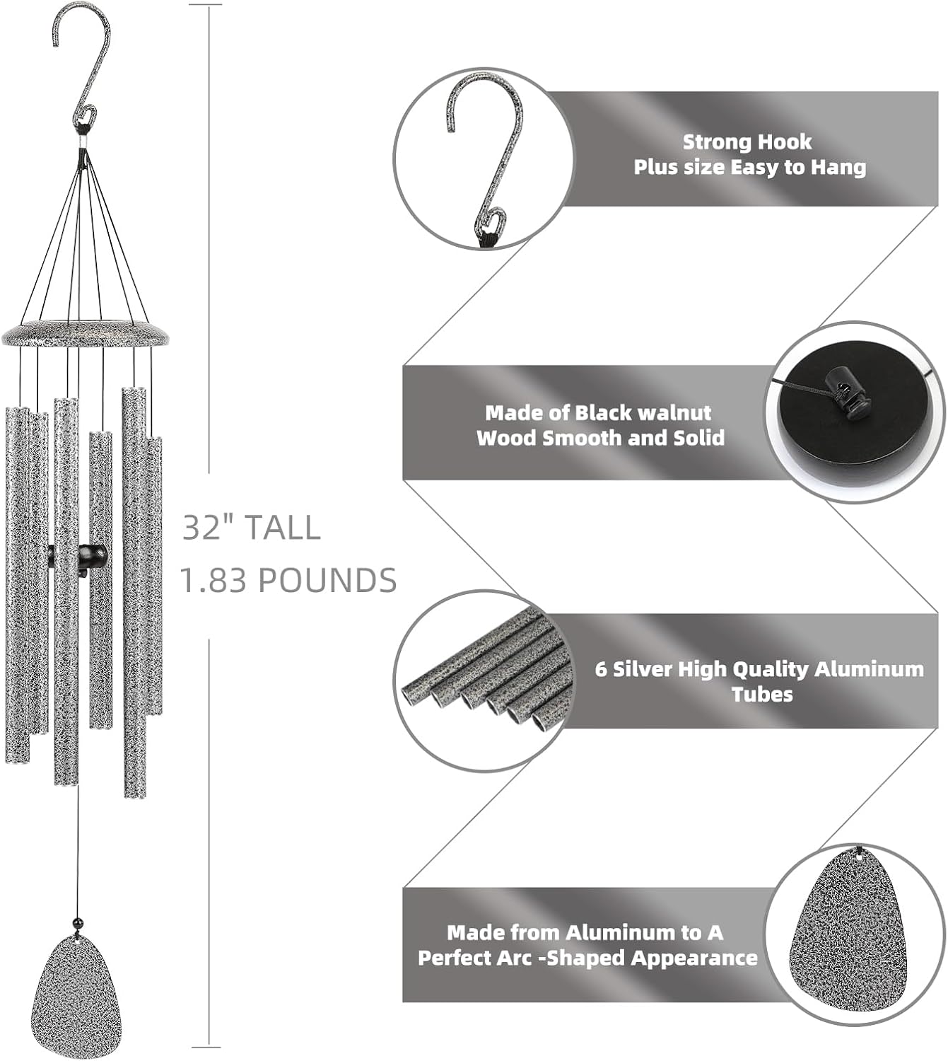 Wind-Chimes-Outdoor-Deep-Tone, Large Soothing Melodic Tones Windchimes, Wind Chimes for Outside, Memorial Wind Chimes Best Gift for Mom Women Grandma Neighbors(32" Silver Coated Aluminum)