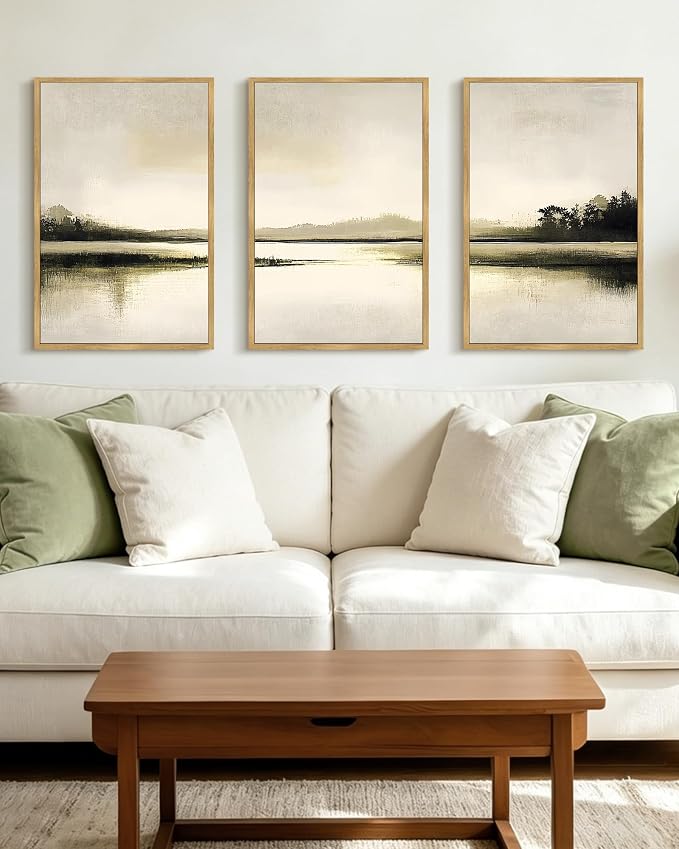 PHOPAGO Abstract Lake Landscape Framed Wall Art Large 16x24in Watercolor Nature Wilderness Paints Nordic Neutral Tan Illustration Decorative - Natural Framed