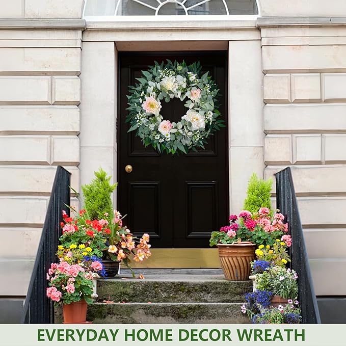 Spring Summer Wreath for Front Door, 22" Artificial Silk Peony Eucalyptus Floral Wreaths for Indoor Outdoor, Farmhouse Greenery Home Decor for Holiday Housewarming