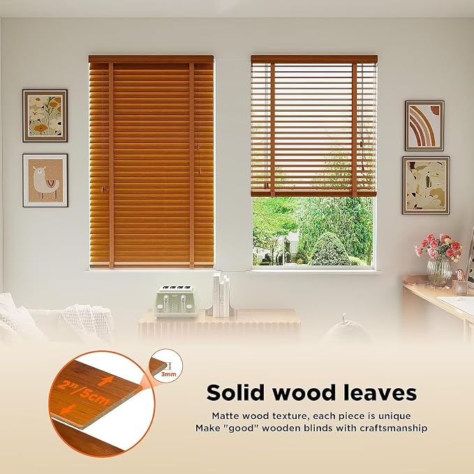 2" Slats Wood Blinds for Indoor Windows: Wooden Blackout Blinds & Shades,Customized Black Out Privacy Horizontal Blinds for Home Bedroom Bathroom Living Room Windows