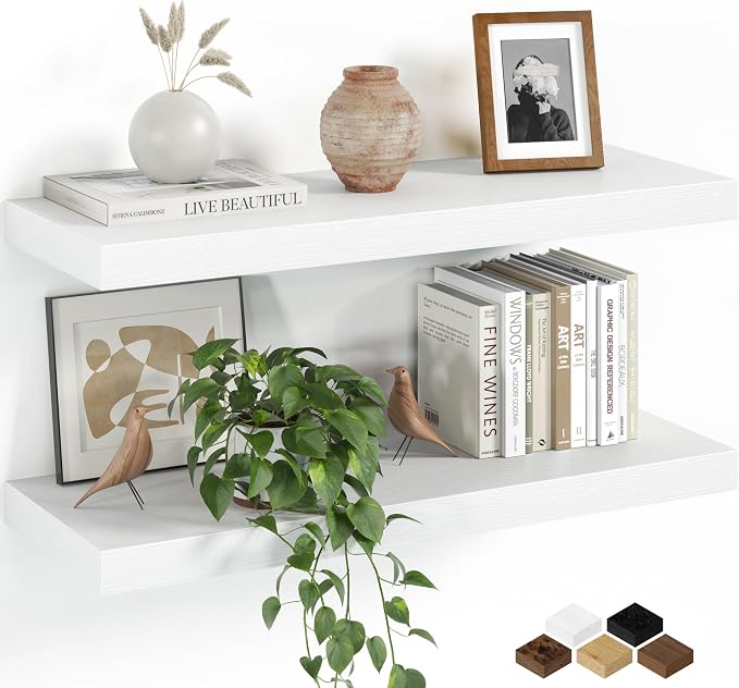 Fun Memories Floating Shelves for Wall, 24 Inch Set of 2 Rustic Wood Wall Shelves with Invisible Brackets, Heavy Duty Storage Display for Living Room Bedroom Kitchen, White