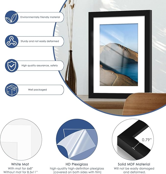 PEALSN 10x14 Picture Frame Set of 6, Display Pictures 8.5 x 11 with Mat or 10 x 14 without Mat for Wall Mounting Display, Photo Frames Collage for Wall Decor, Black.