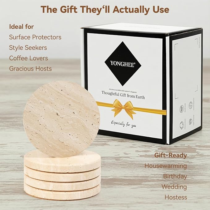 Travertine Coasters Set of 5, Modern Farmhouse Beige Marble Coasters for Coffee Table, 4 Inch Round Natural Stone Coaster with Cork Backing - Heat Resistant, Non-Slip, Non-Scratch, Gift Ready
