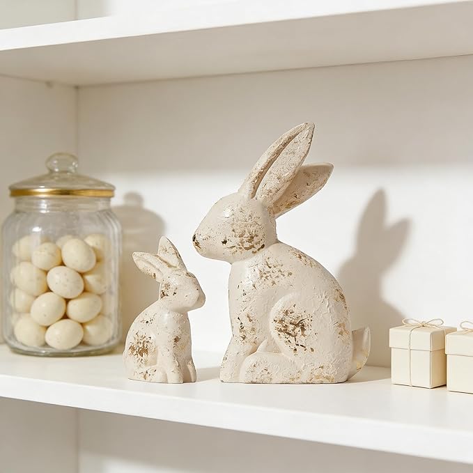 DN DECONATION Easter Decorations White & Gold Bunny Decor Rabbit Figurines, Wabi Sabi Easter Bunny Statue Set of 2 for Spring Tabletop Home Decor Farmhouse Shelf Mantel, Pressed Wood Sculpture