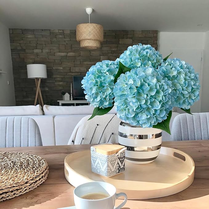 JINWOE Lake Blue Faux Hydrangea Flowers, 4Pcs 22" Large Lifelike Silk Artificial Hydrangeas, Full Fake Flowers for Bouquet Table Centerpieces Outdoor Wedding Indoor Home