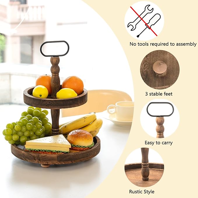 Farmhouse 2 Tiered Tray Stand for Home Decor, Wooden Serving Tiered Tray for Coffee Bar Table Centerpiece, Decorative Trays Kit for Countryside, Round Rustic Stand for Cake Cupcake (Deep Brown)