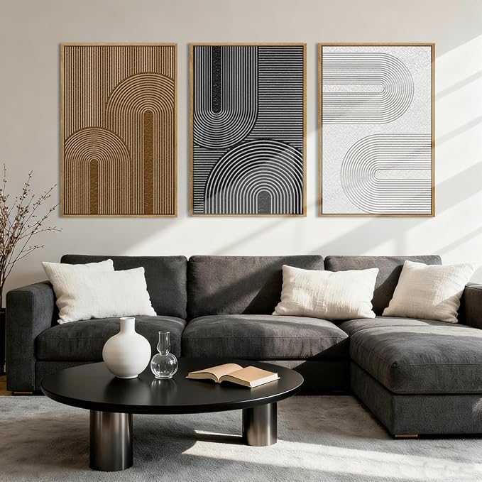 BINCUE Abstract Neutral Canvas Paintings Framed Modern Wall Art Neutral Geometric Wall Decor Modern Abstract Artwork Black and White Wall Painting Brown Pictures for Bedroom Living Room Office 16x24 Inch Set of 3