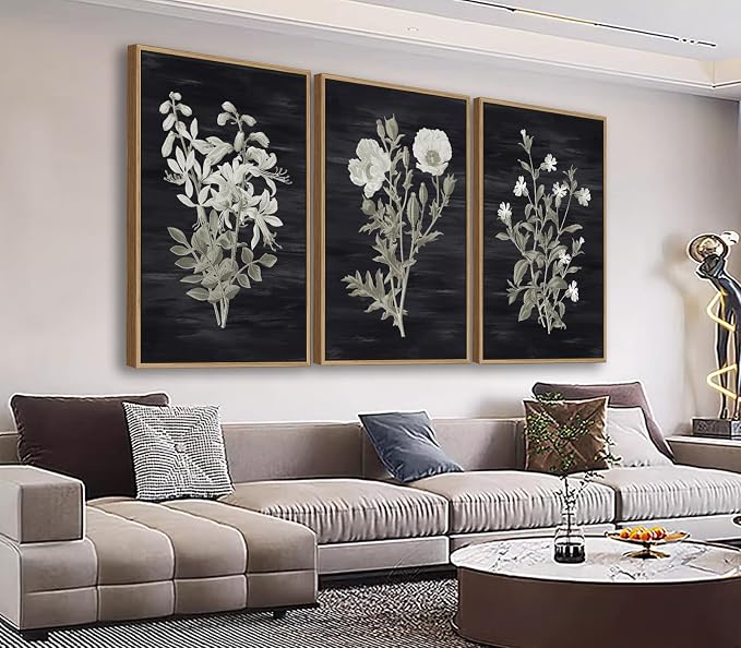 Large Botanical Wall Art for Living Room Natural Wood Float Framed Art Set of 3 White Flowers Pictures Artwork Green Leaf Canvas Prints for Bedroom Kitchen Home Office Wall Decor 20"X28"X3