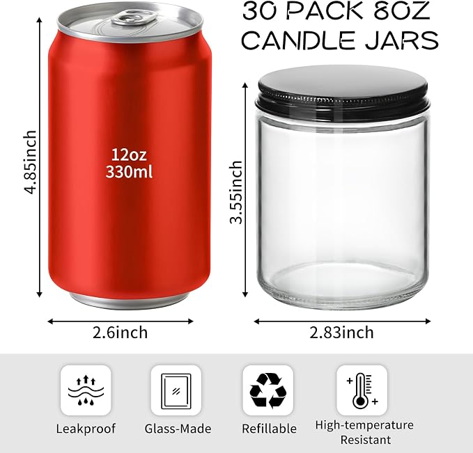 KEYWING 30Pack 8oz Candle Jars with Lids, Clear Glass Jars with Black Metal Lids, Empty Jar for Candle Making, Powders, Cream